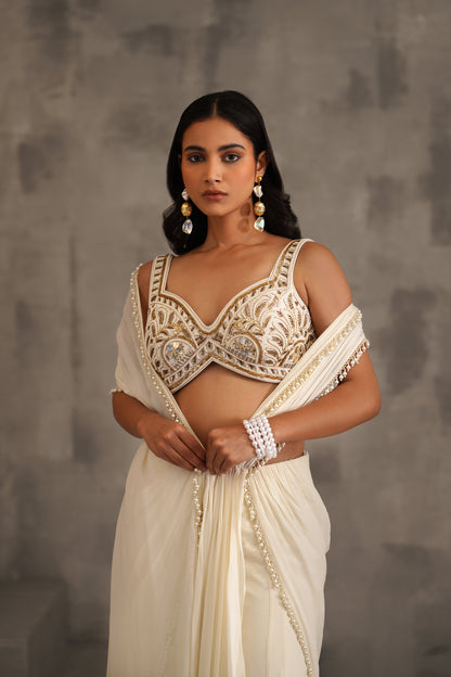 Ivory Embroidered Blouse and Draped Saree