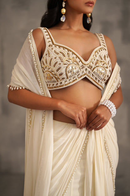 Ivory Embroidered Blouse and Draped Saree
