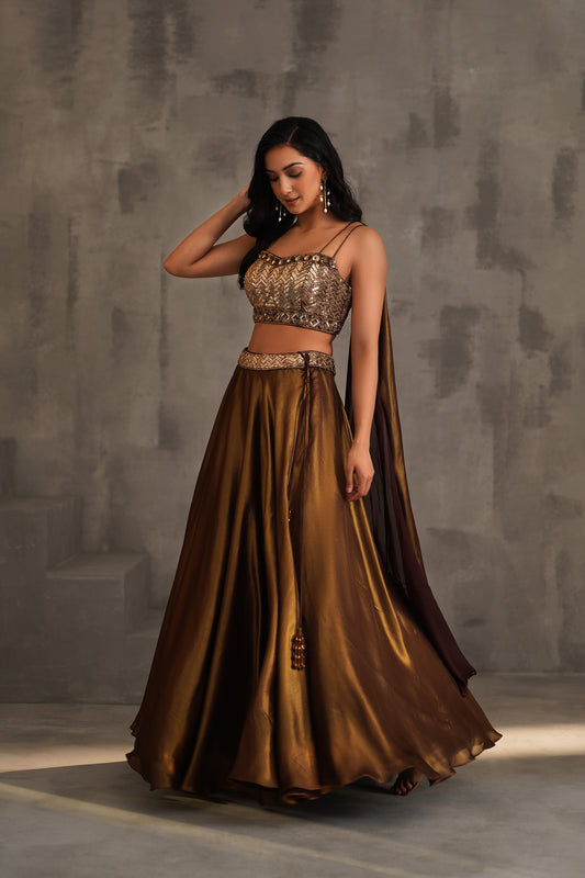 Bronze Embroidered Bustier, Lehanga and Dupatta