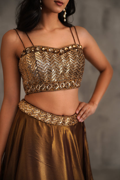 Bronze Embroidered Bustier, Lehanga and Dupatta