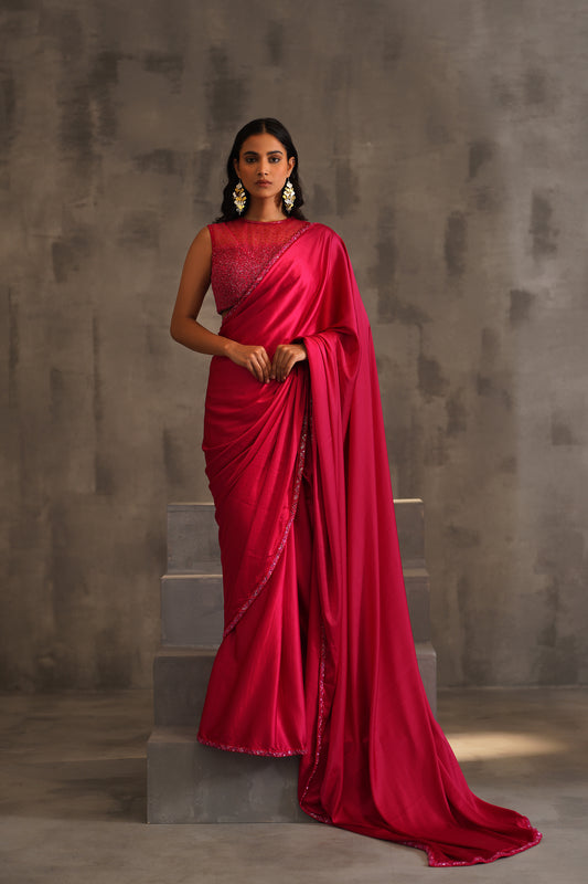 Fuchsia Embroidered Blouse and Pre Pleated Saree