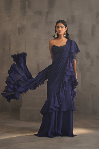 Navy Blue Embroidered Bustier and Drape Saree