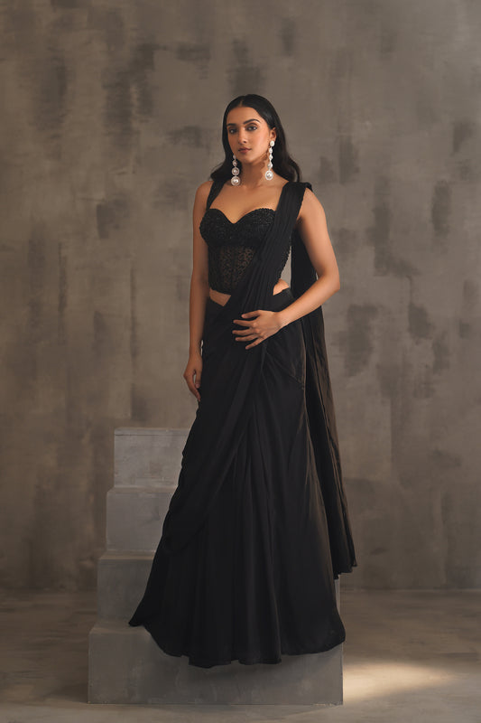 Black Embroidered Corset and Drape Saree