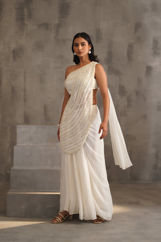 Off White Embroidered Bouse and Drape Saree