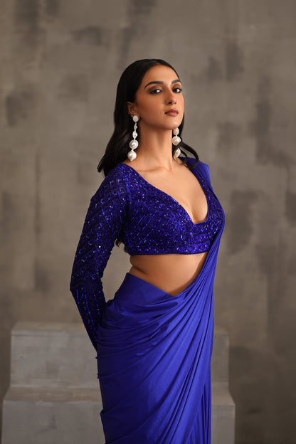 Royal Blue Embroidered Blouse and Drape Lycra Saree