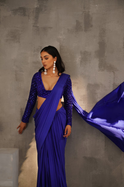 Royal Blue Embroidered Blouse and Drape Lycra Saree