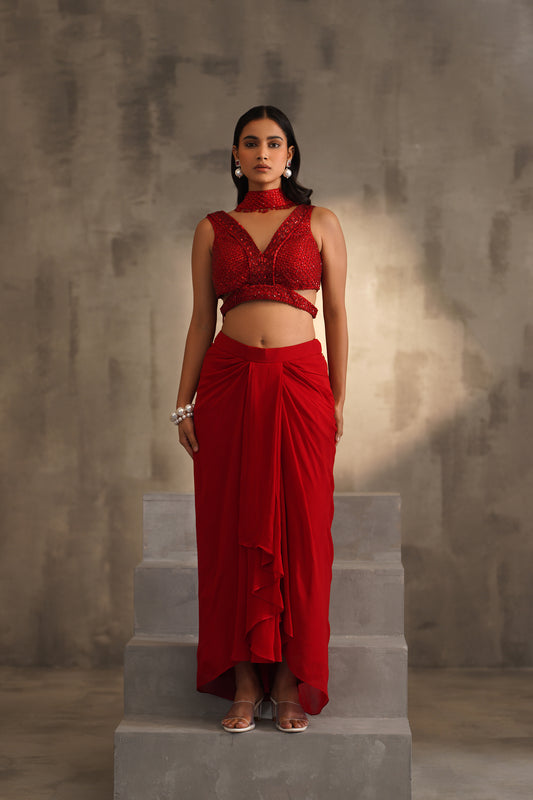 Red Embroidered Blouse, Dhoti Skirt and Choker Dupatta