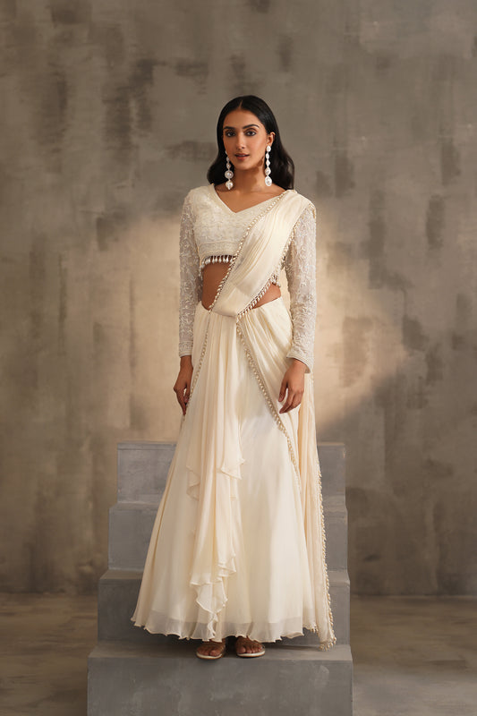 Off White Blouse and Drape Saree