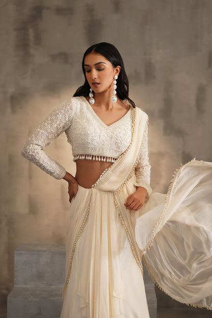 Off White Blouse and Drape Saree