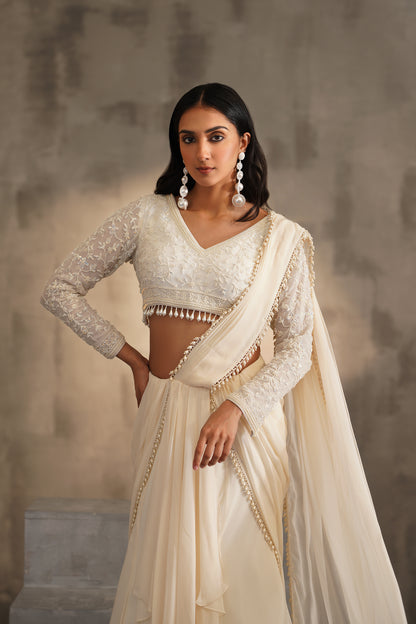 Off White Blouse and Drape Saree