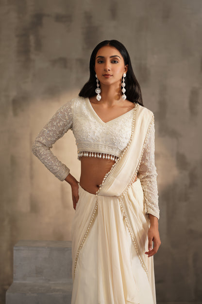 Off White Blouse and Drape Saree