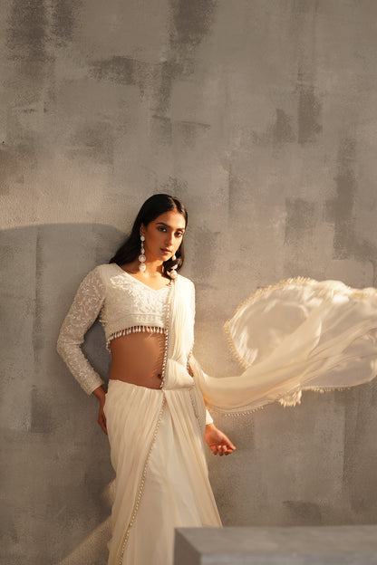 Off White Blouse and Drape Saree