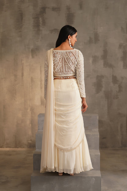 Off White Blouse and Drape Saree