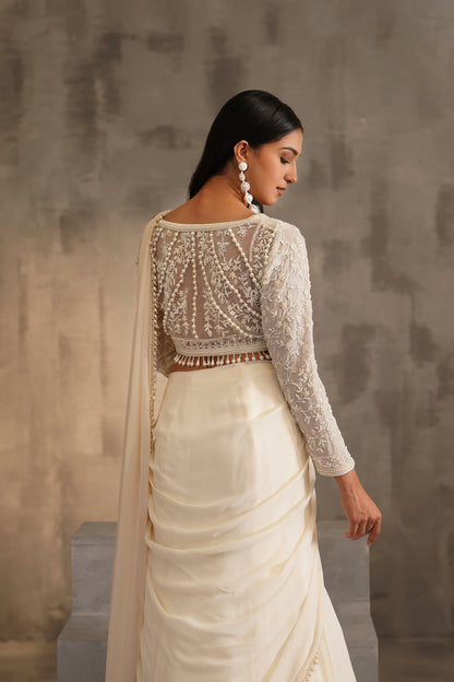 Off White Blouse and Drape Saree