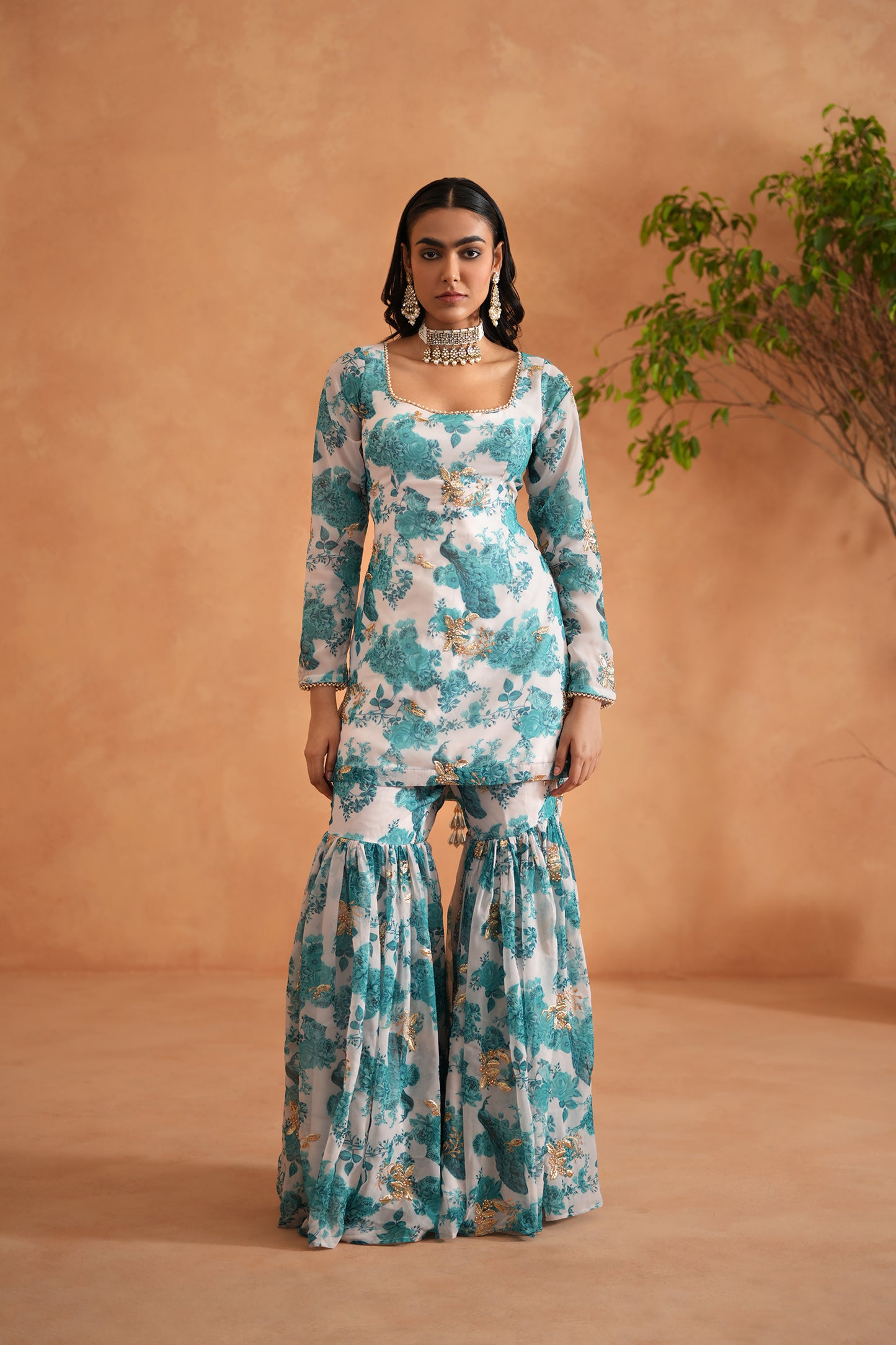 Teal Blue and White Printed Kurti, Garara and Dupatta