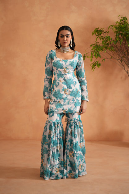 Teal Blue and White Printed Kurti, Garara and Dupatta