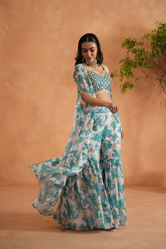 Teal Blue Mirror Blouse, Printed Garara and Cape