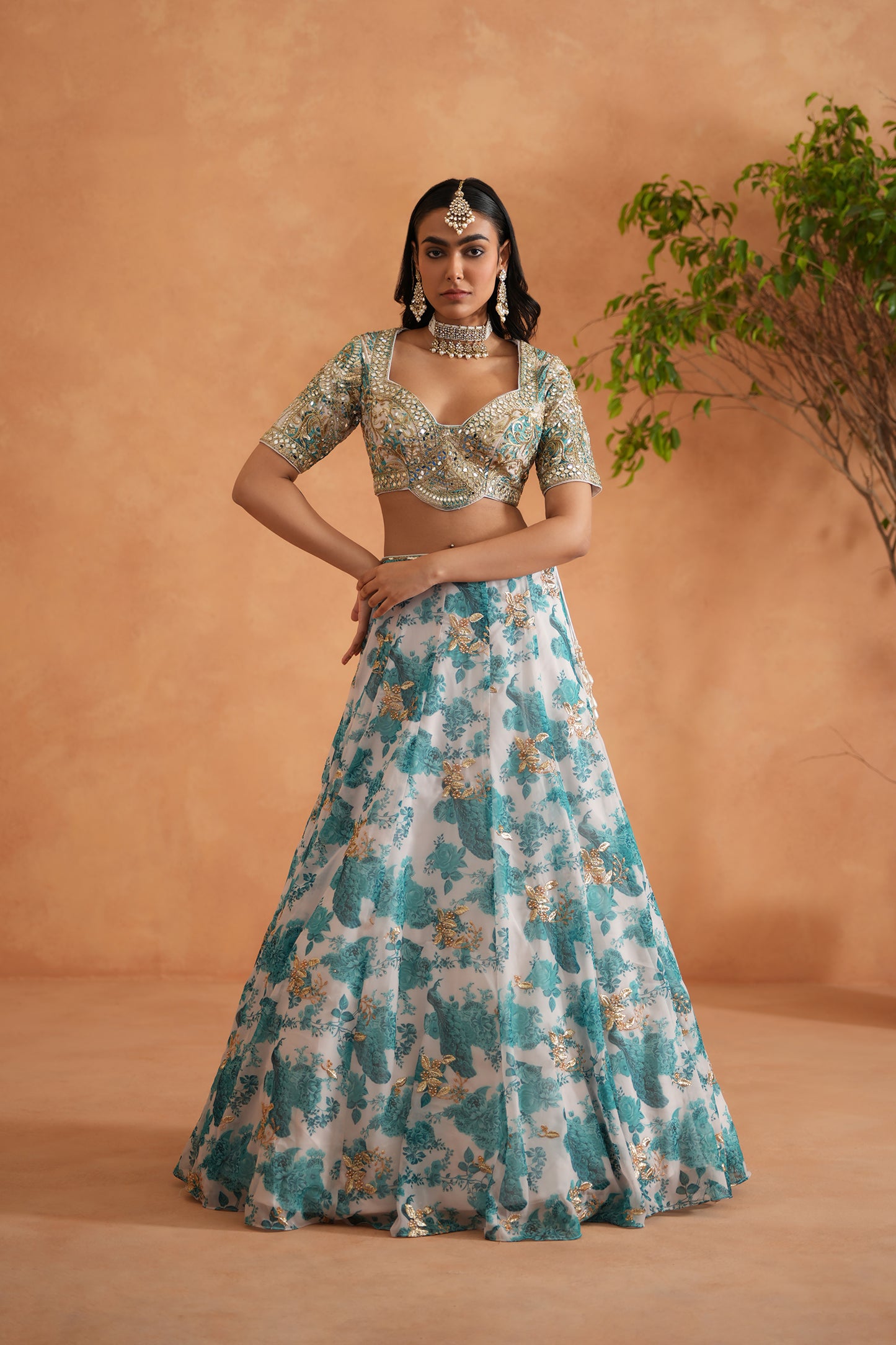 Teal Blue Mirror Embroidery Blouse, Printed Lehenga and dupatta