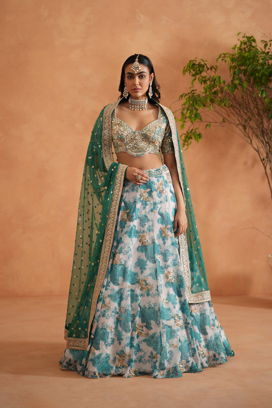 Teal Blue Mirror Embroidery Blouse, Printed Lehenga and dupatta
