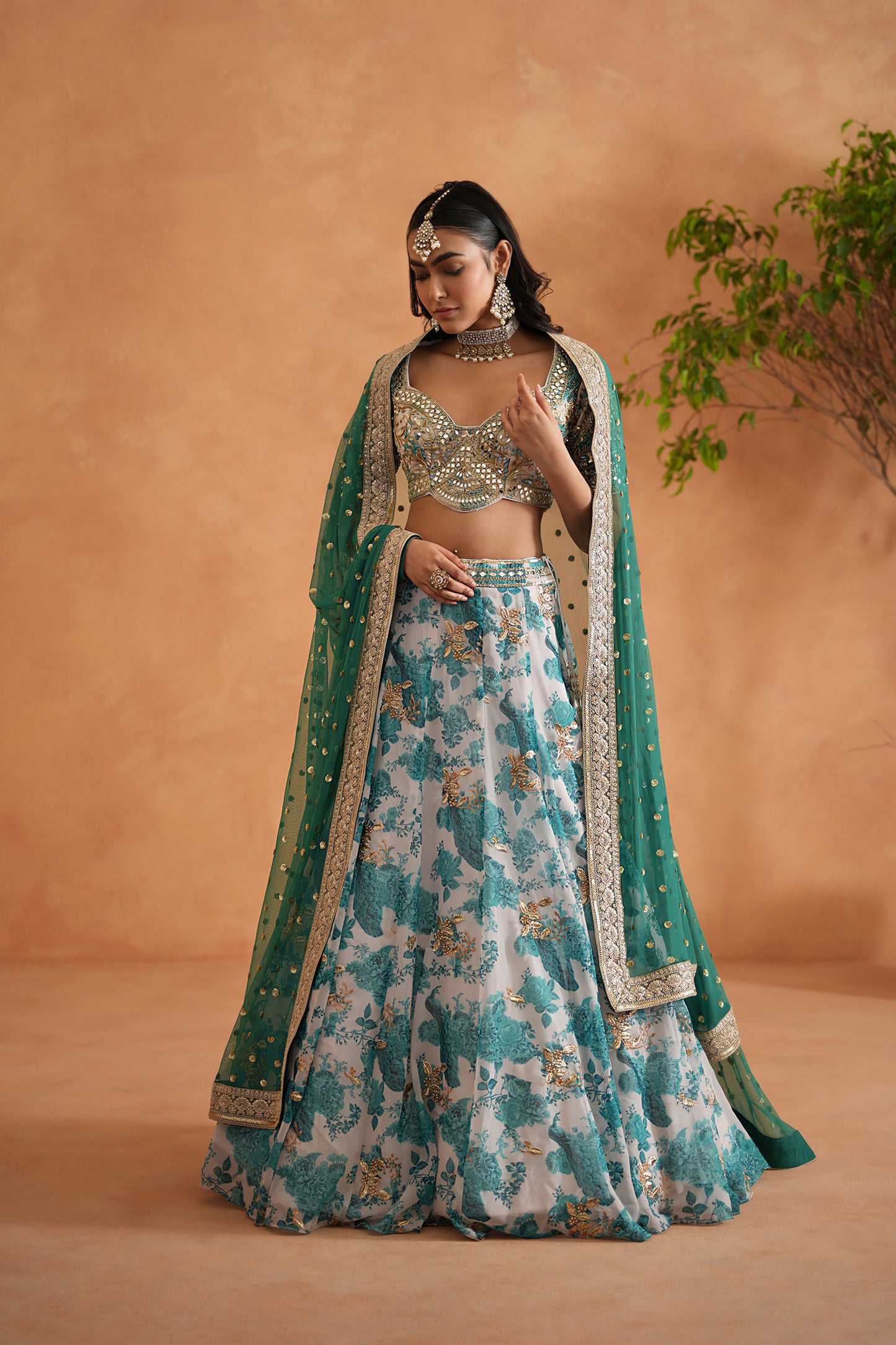 Teal Blue Mirror Embroidery Blouse, Printed Lehenga and dupatta