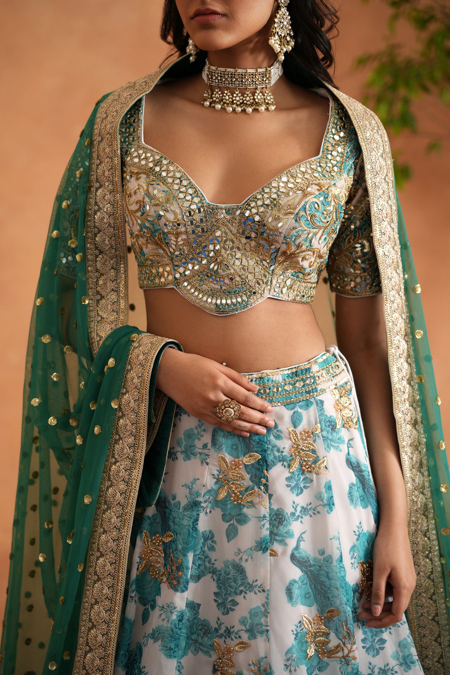 Teal Blue Mirror Embroidery Blouse, Printed Lehenga and dupatta