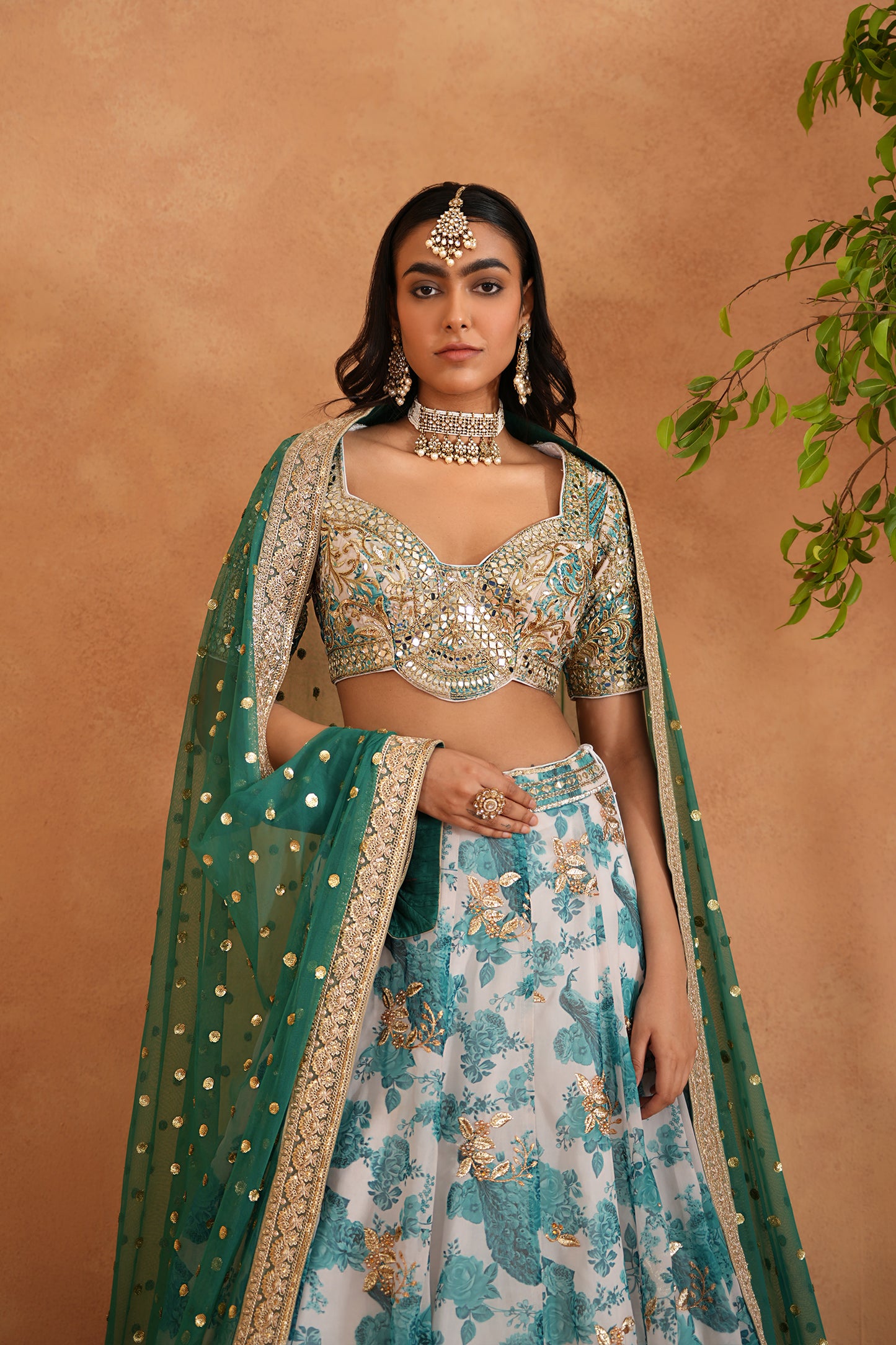 Teal Blue Mirror Embroidery Blouse, Printed Lehenga and dupatta