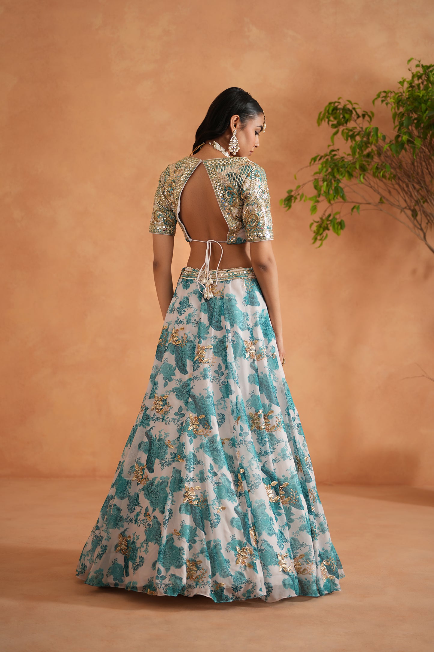 Teal Blue Mirror Embroidery Blouse, Printed Lehenga and dupatta