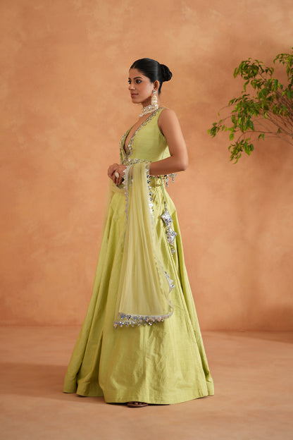 Lime Yellow Embroidered Blouse, Lehenga and Dupatta