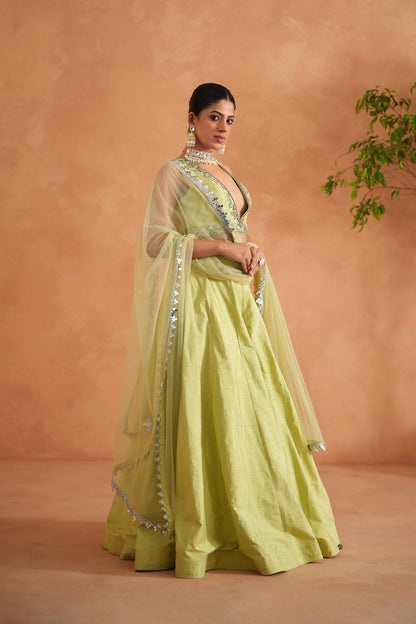 Lime Yellow Embroidered Blouse, Lehenga and Dupatta