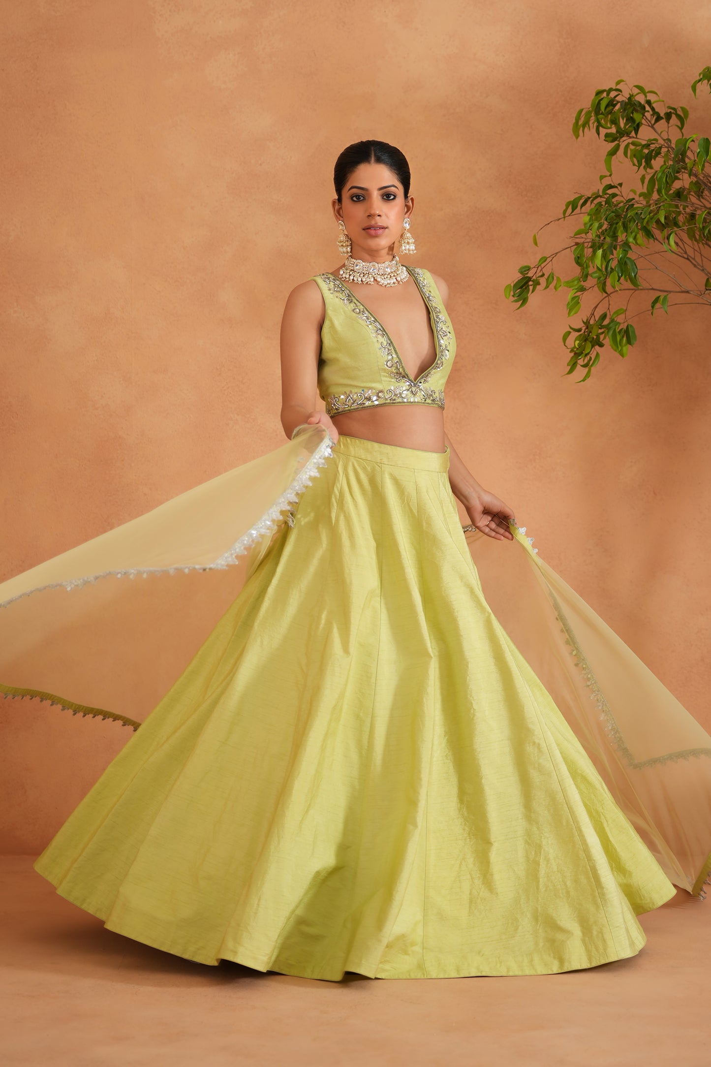 Lime Yellow Embroidered Blouse, Lehenga and Dupatta