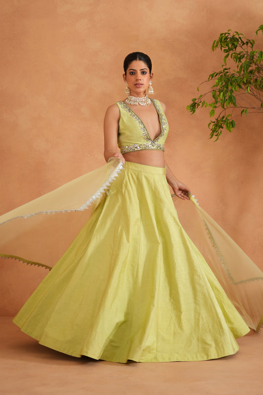 Lime Yellow Embroidered Blouse, Lehenga and Dupatta