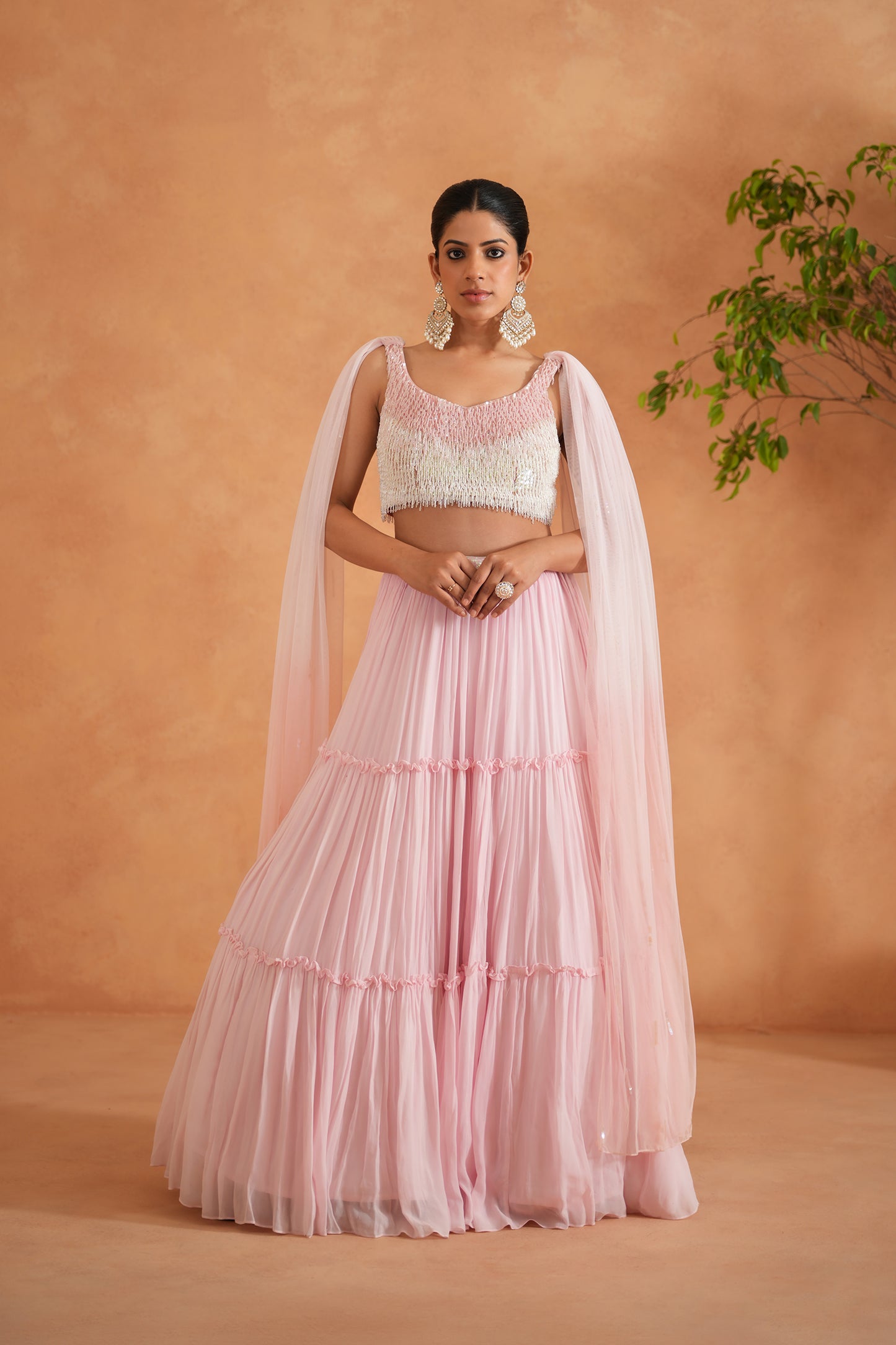 White and Pink Embroidered Blouse, Lehenga and Dupatta