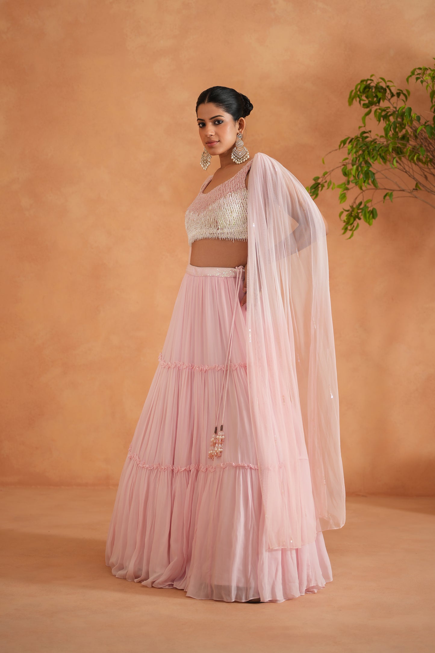 White and Pink Embroidered Blouse, Lehenga and Dupatta