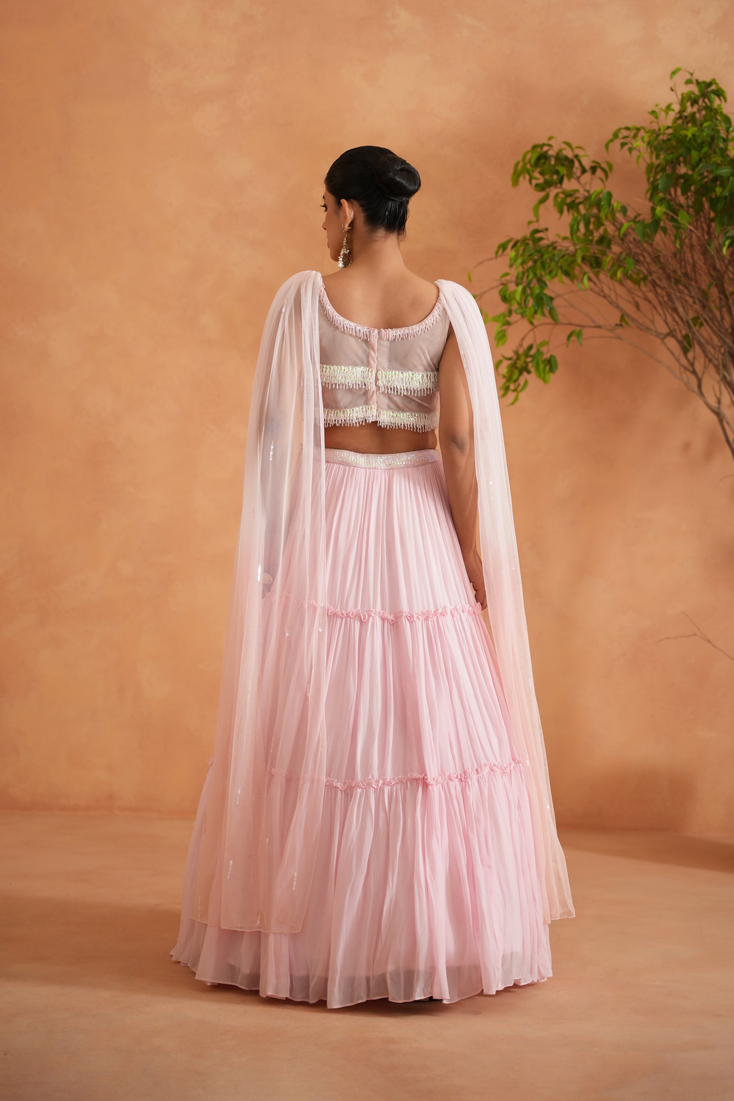 White and Pink Embroidered Blouse, Lehenga and Dupatta