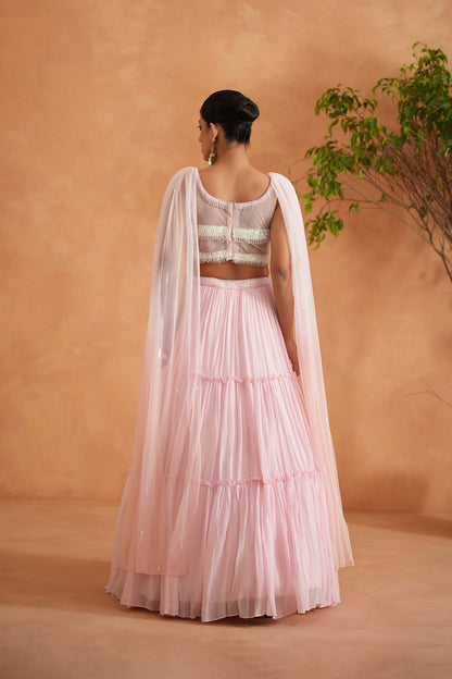 White and Pink Embroidered Blouse, Lehenga and Dupatta