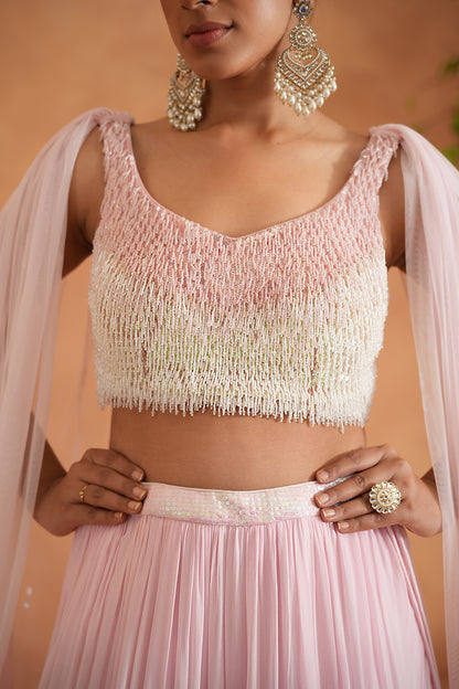 White and Pink Embroidered Blouse, Lehenga and Dupatta