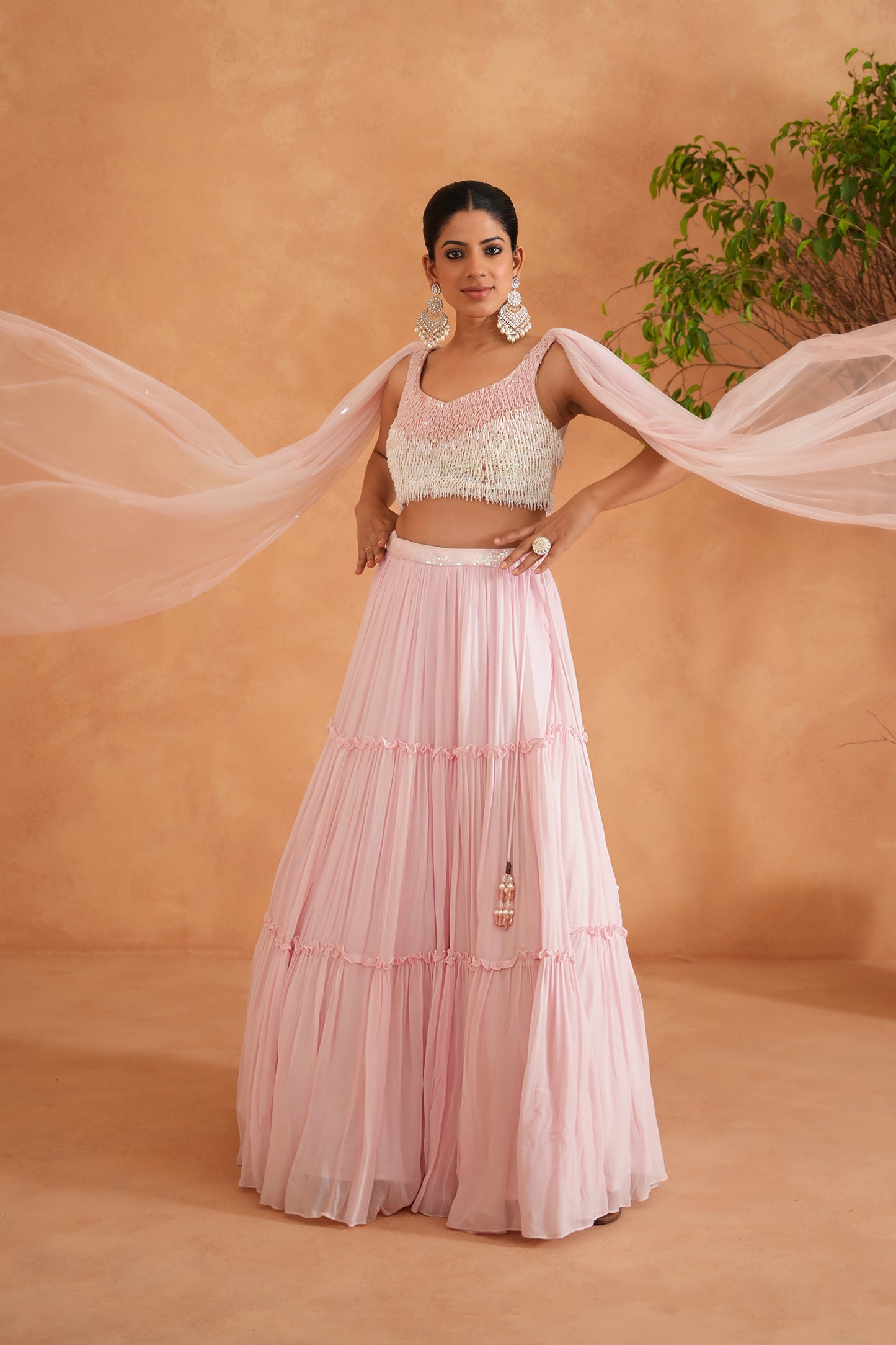 White and Pink Embroidered Blouse, Lehenga and Dupatta