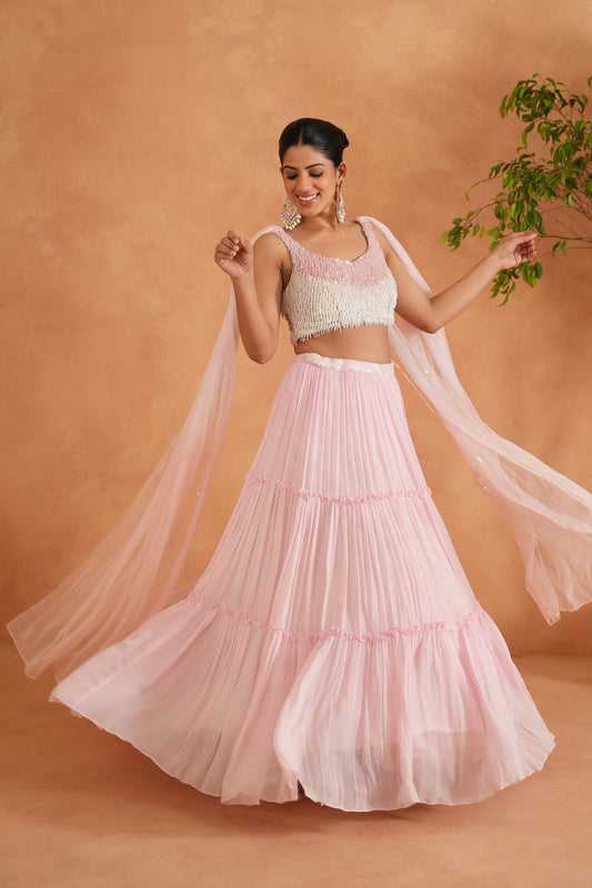White and Pink Embroidered Blouse, Lehenga and Dupatta