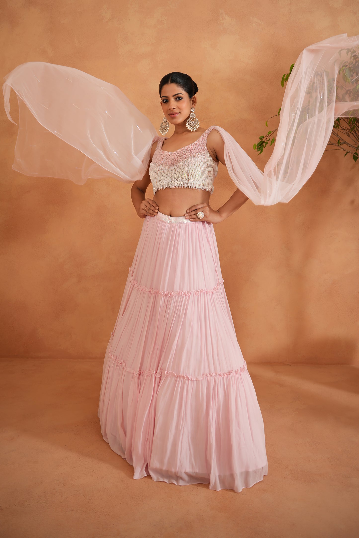 White and Pink Embroidered Blouse, Lehenga and Dupatta
