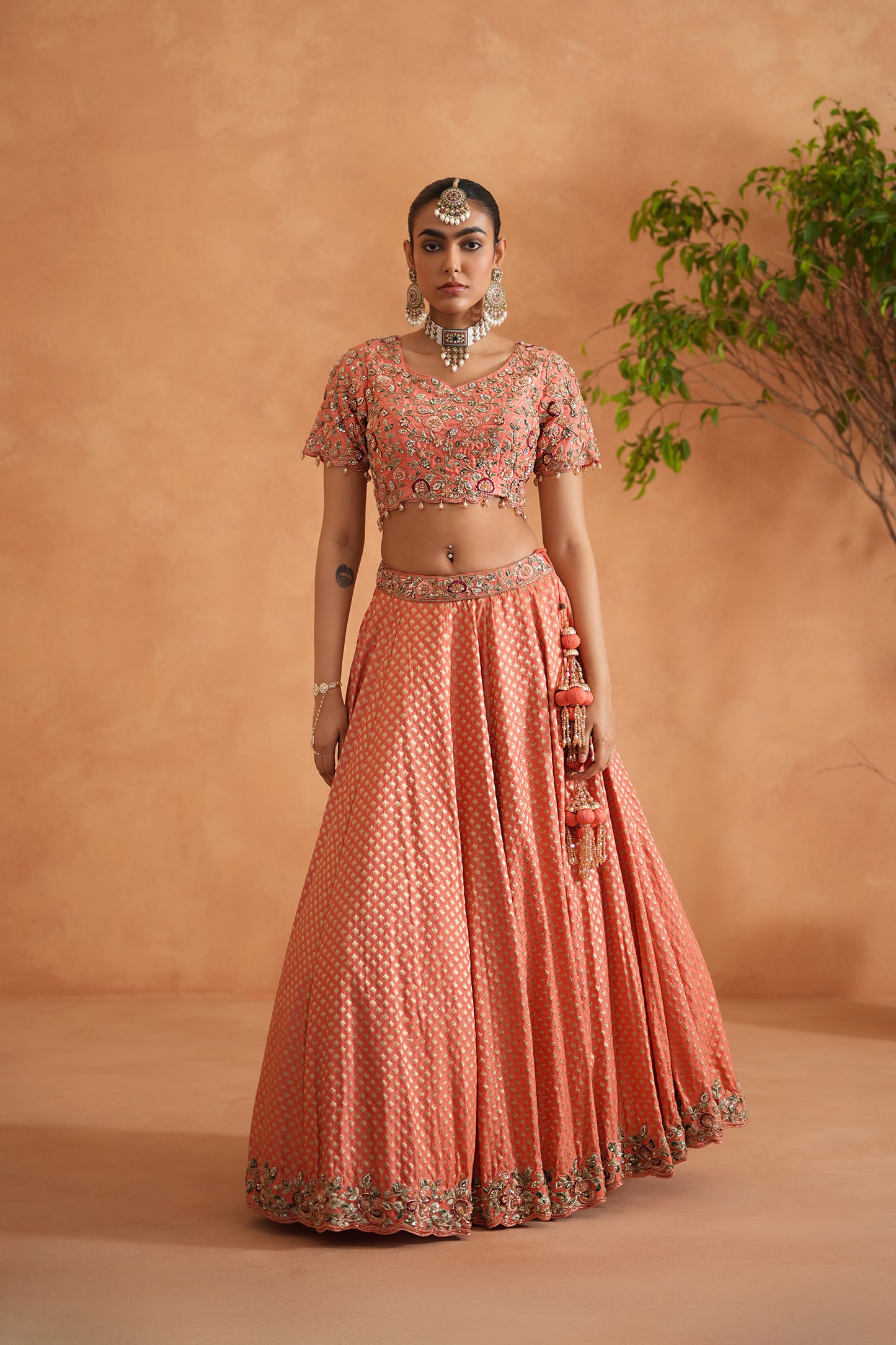 Coral Embroidery Blouse, Brocade Lehenga and dupatta