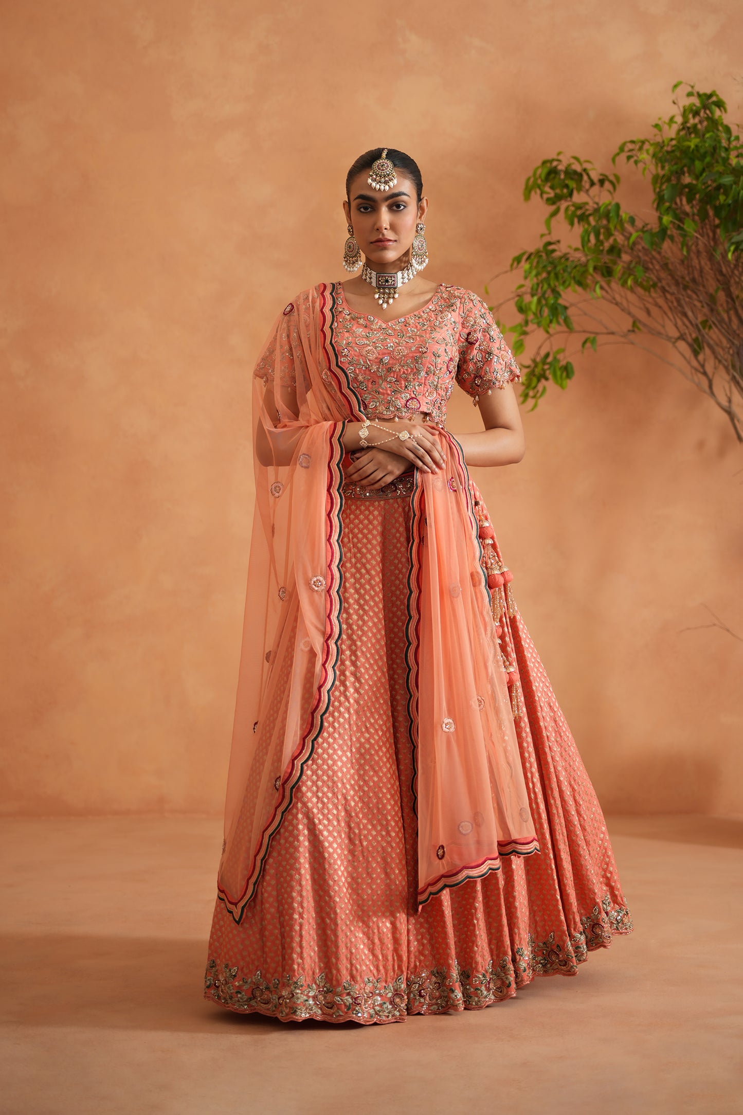 Coral Embroidery Blouse, Brocade Lehenga and dupatta