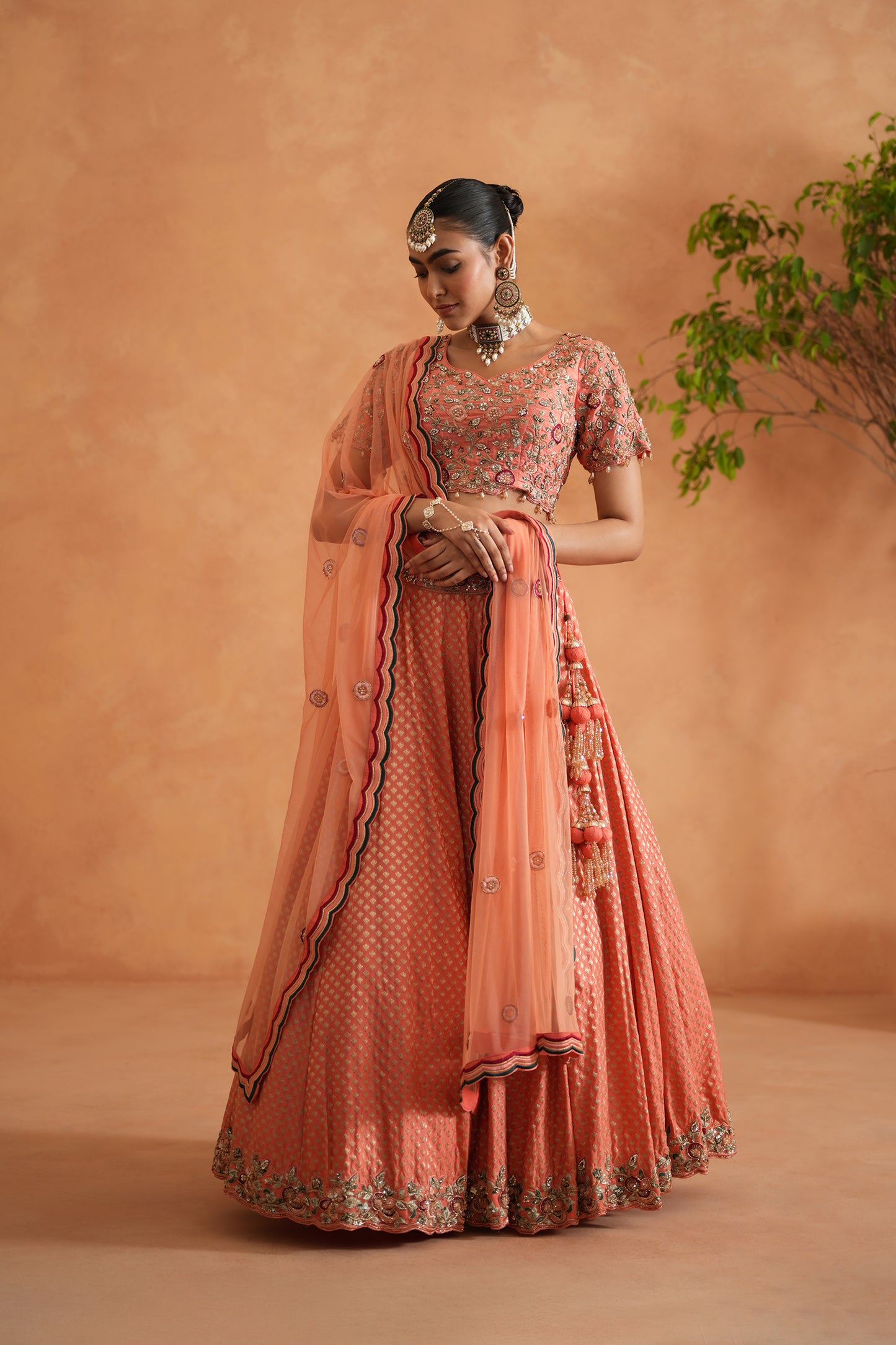 Coral Embroidery Blouse, Brocade Lehenga and dupatta