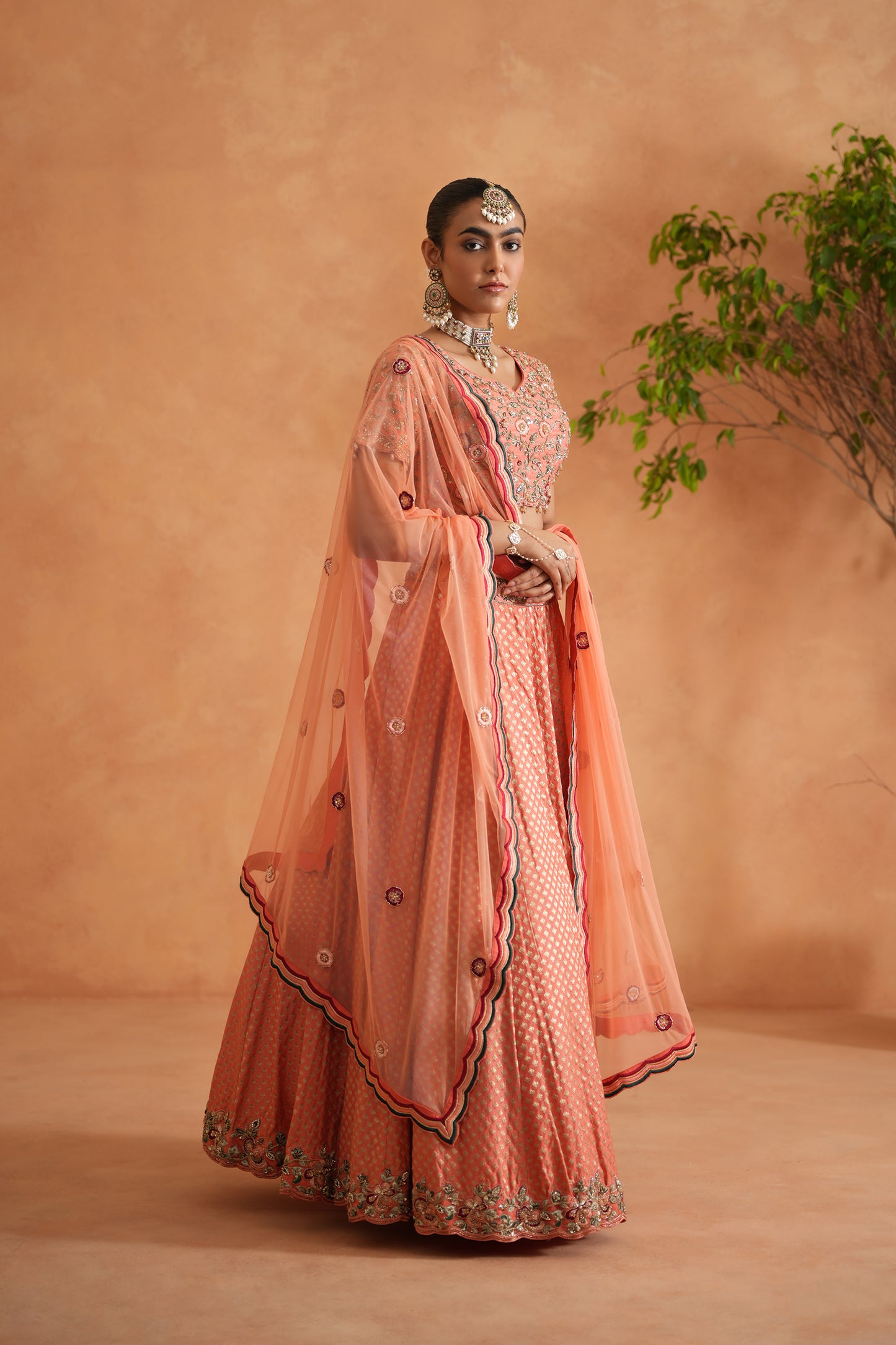 Coral Embroidery Blouse, Brocade Lehenga and dupatta