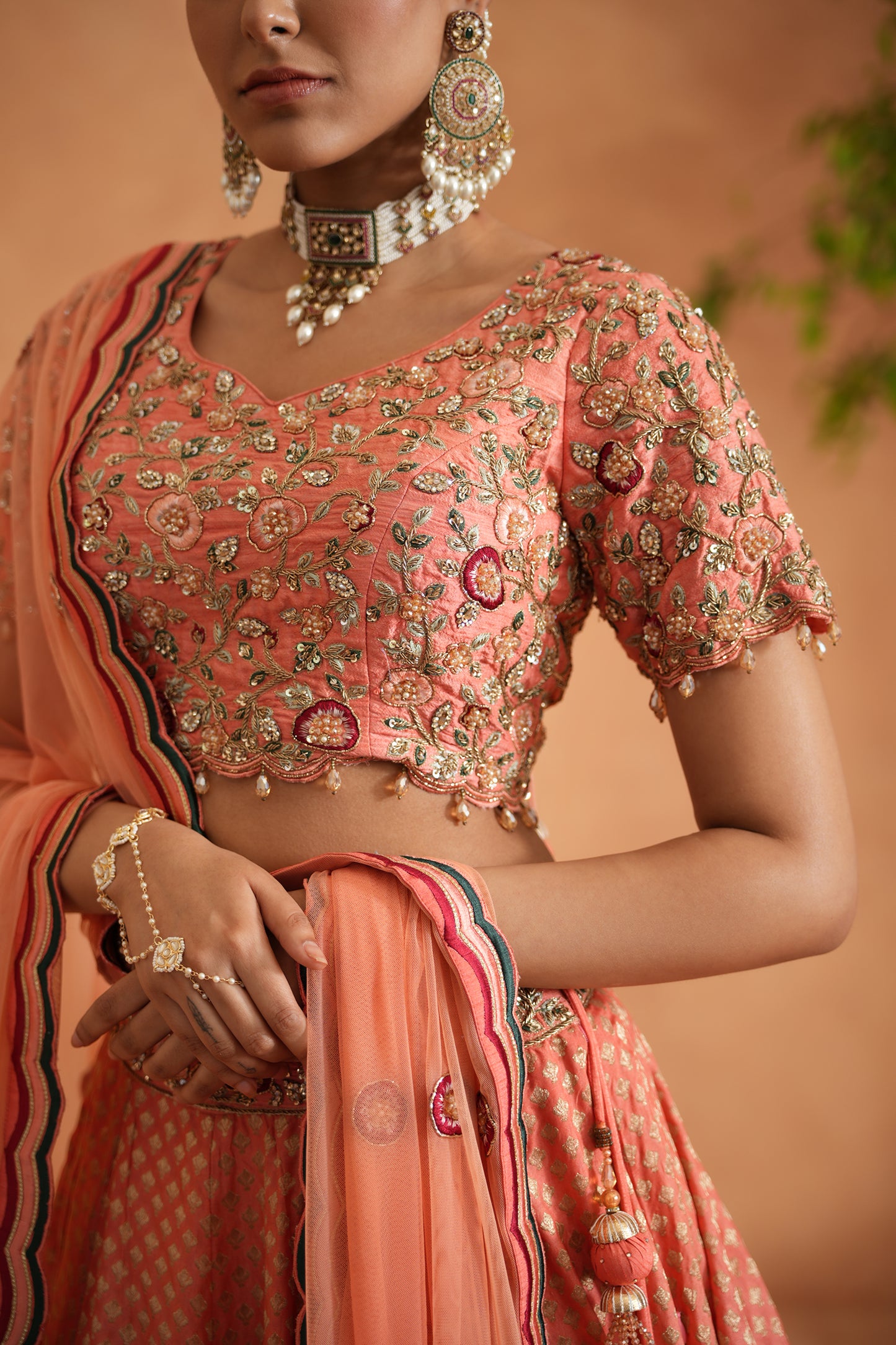 Coral Embroidery Blouse, Brocade Lehenga and dupatta