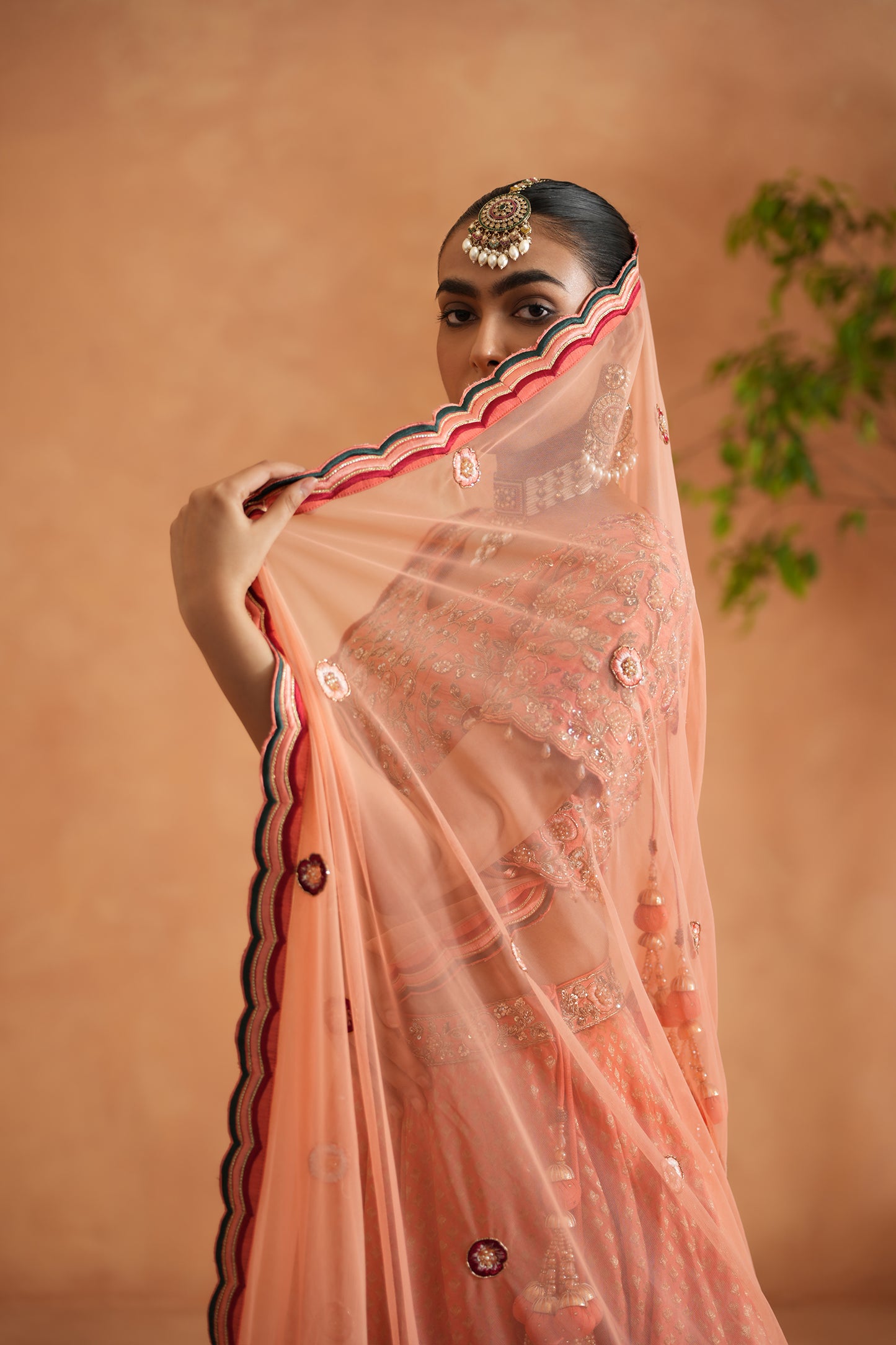 Coral Embroidery Blouse, Brocade Lehenga and dupatta