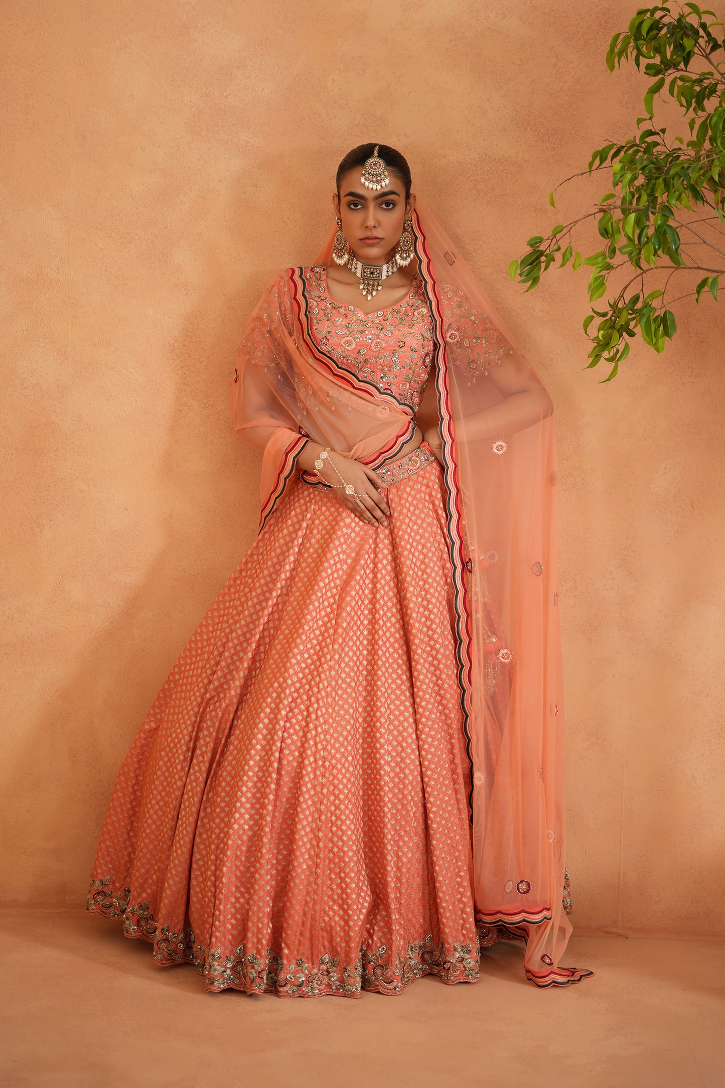 Coral Embroidery Blouse, Brocade Lehenga and dupatta