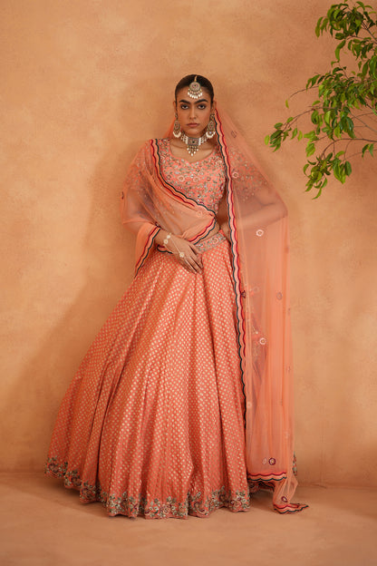 Coral Embroidery Blouse, Brocade Lehenga and dupatta