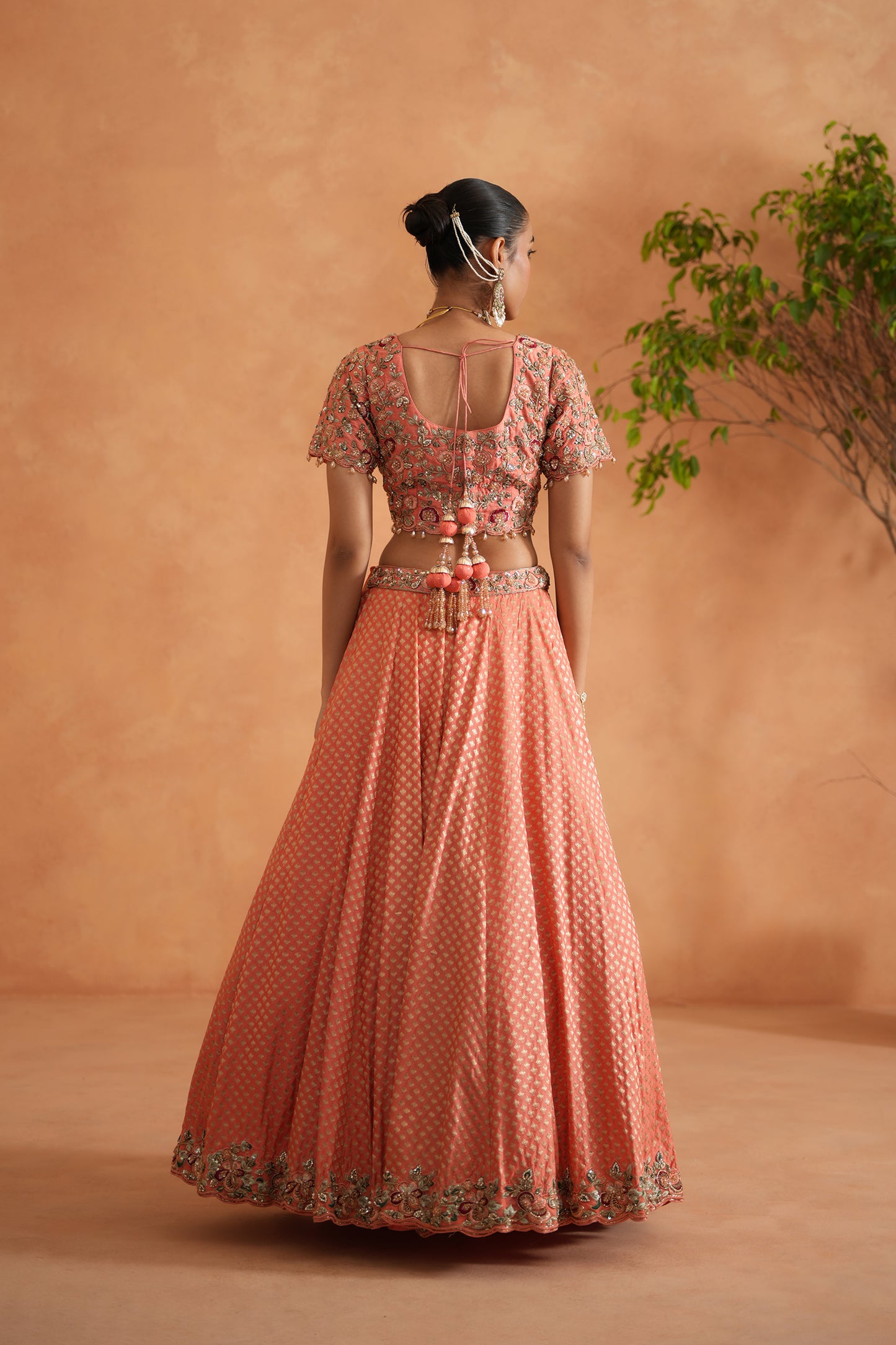 Coral Embroidery Blouse, Brocade Lehenga and dupatta