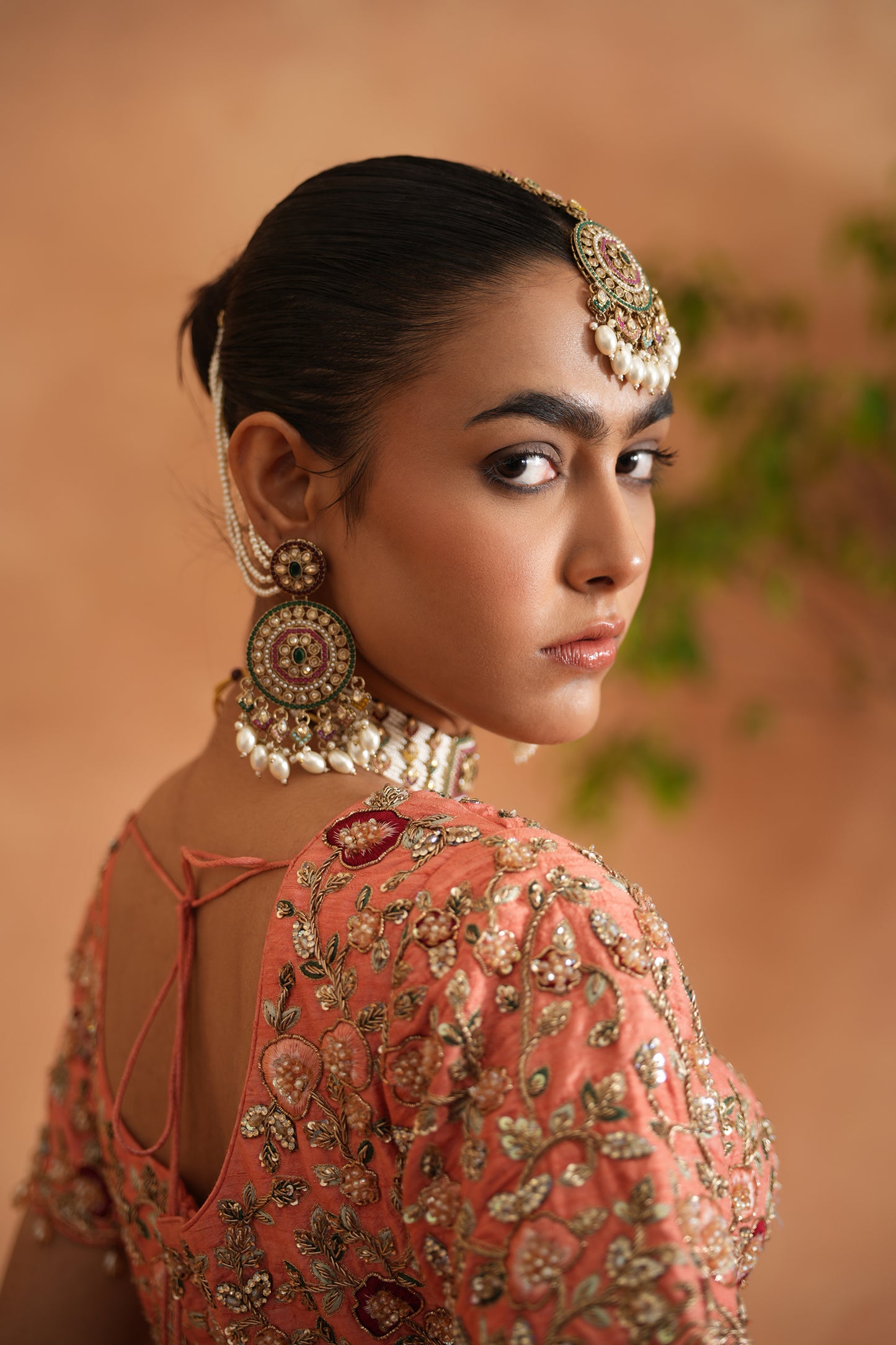 Coral Embroidery Blouse, Brocade Lehenga and dupatta