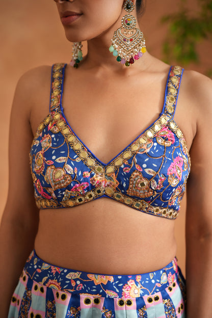 Blue Printed and Embroidered Blouse, Lehenga and Dupatta